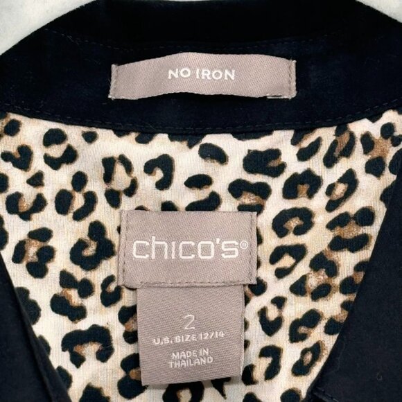 Chicos 2 Leopard Print Button-Up no iron Shirt Womens Size large Black Collar Co - Picture 8 of 11